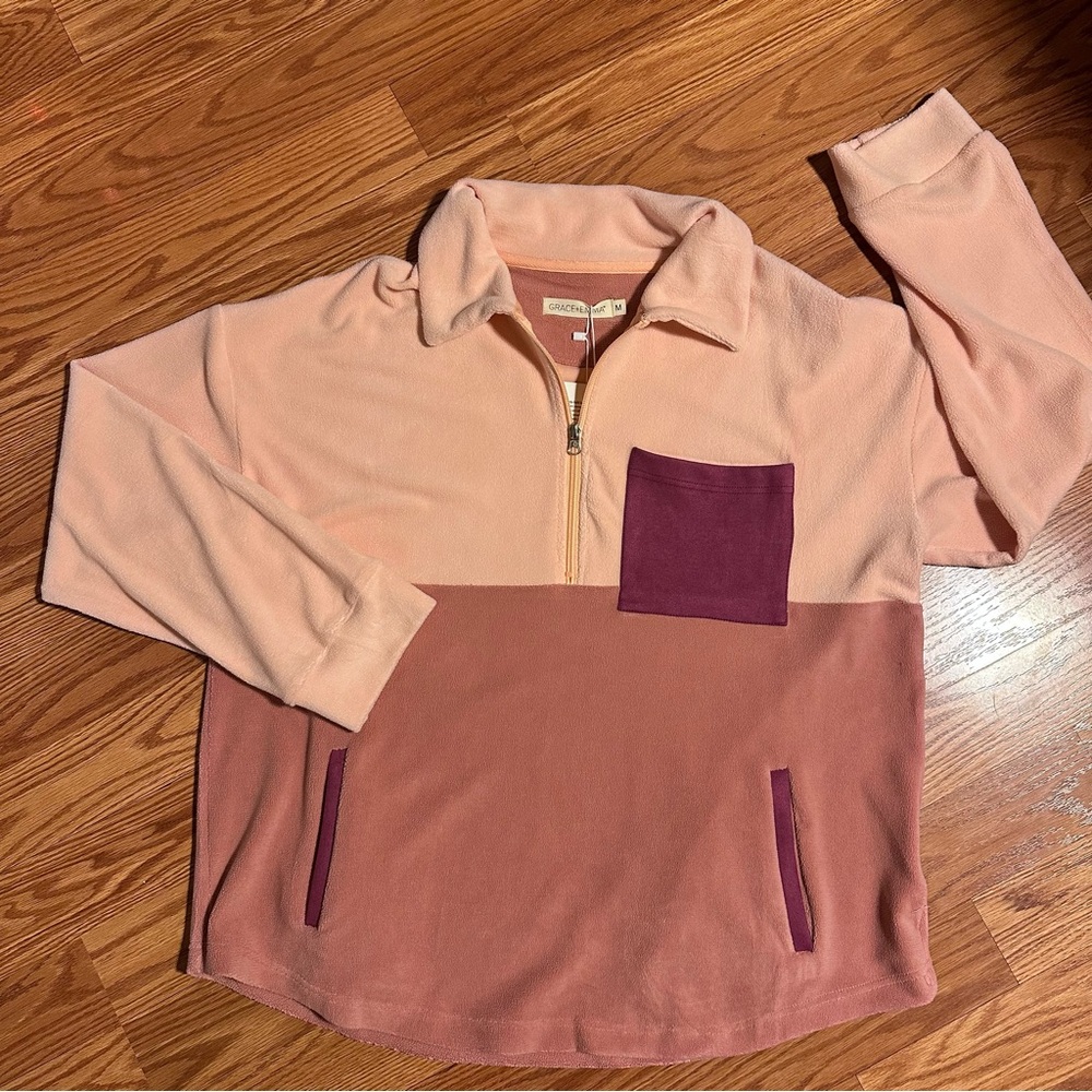 Grace+Emma Colorblock Oversized Soft Stretchy Fleece Quarter-Zip Pullover size M